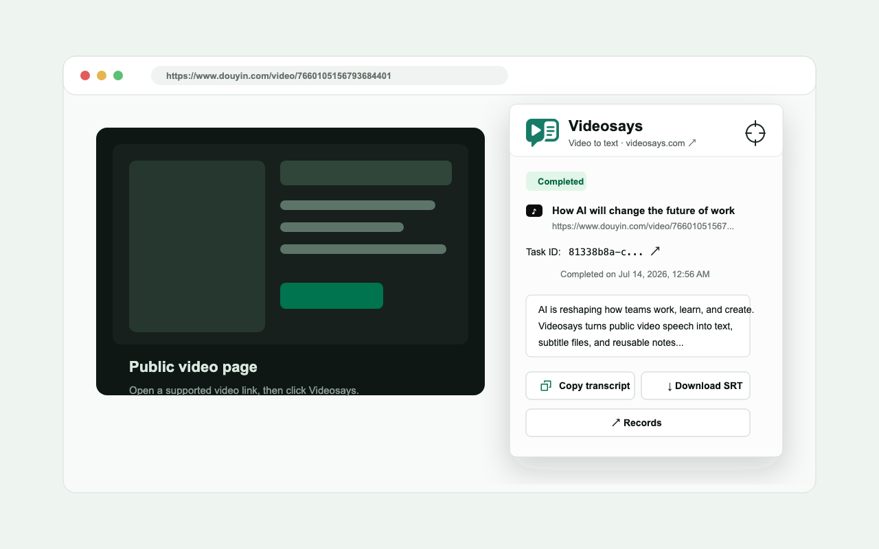 Videosays video transcript Chrome extension interface